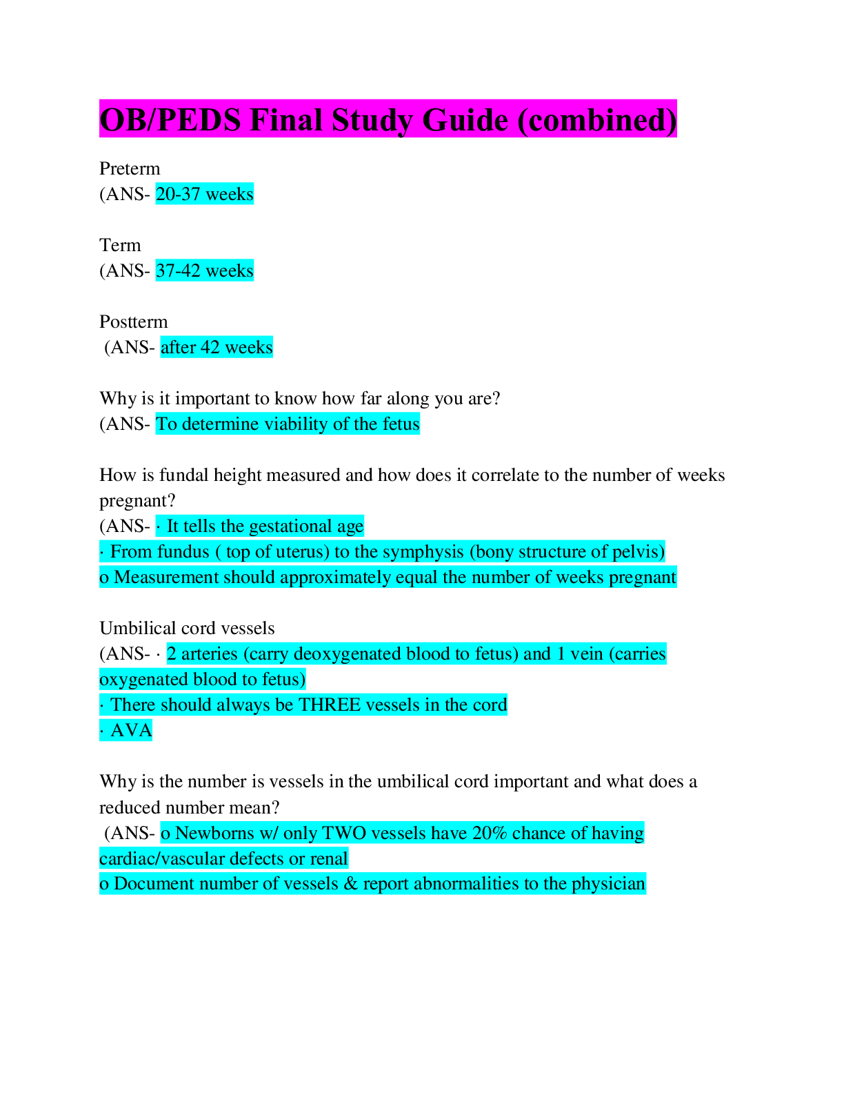 Preview image of OB/PEDS Final Study Guide (combined)/ Latest 2022 document